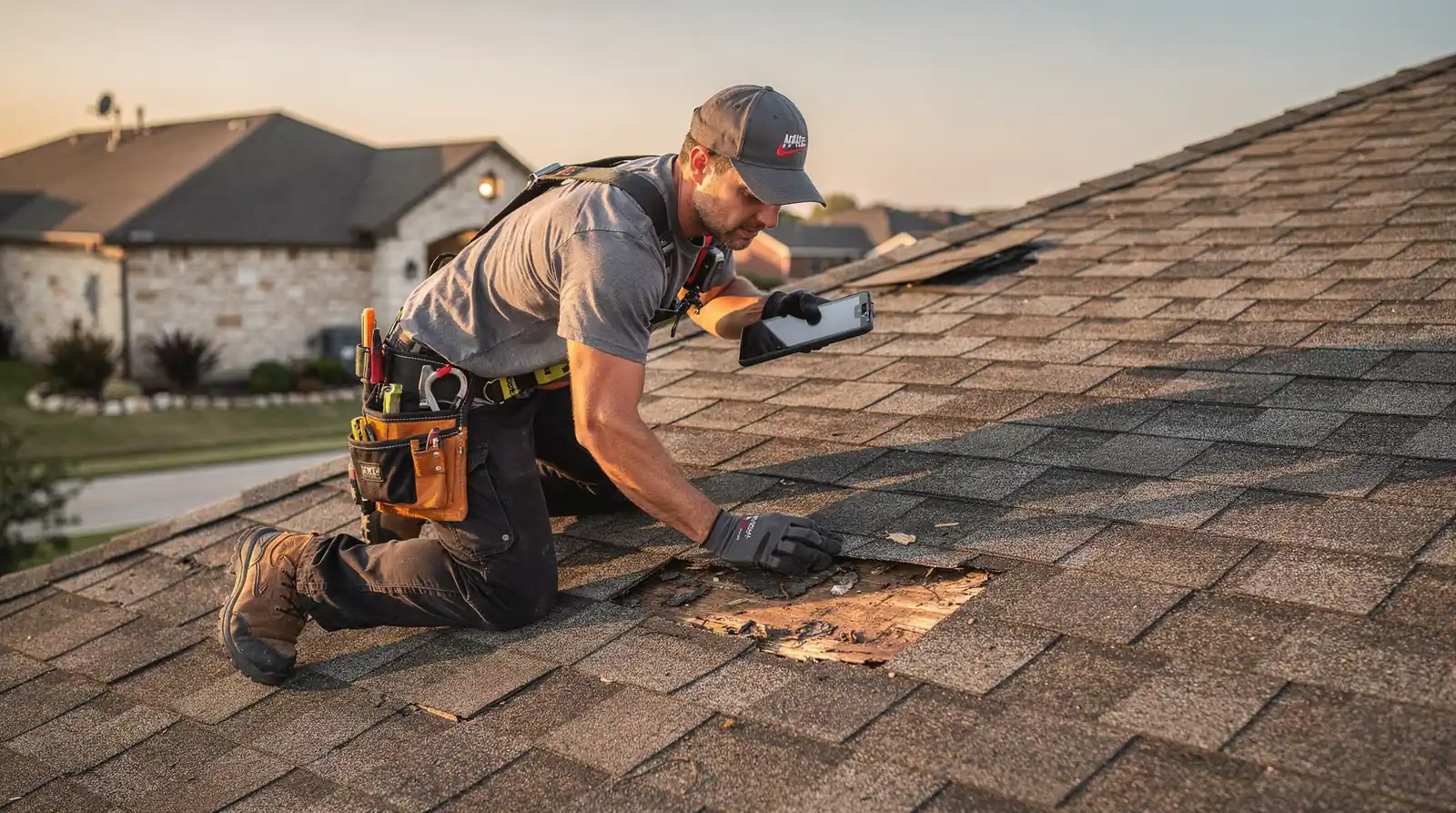 Roofer comparing localized shingle repair to full roof replacement