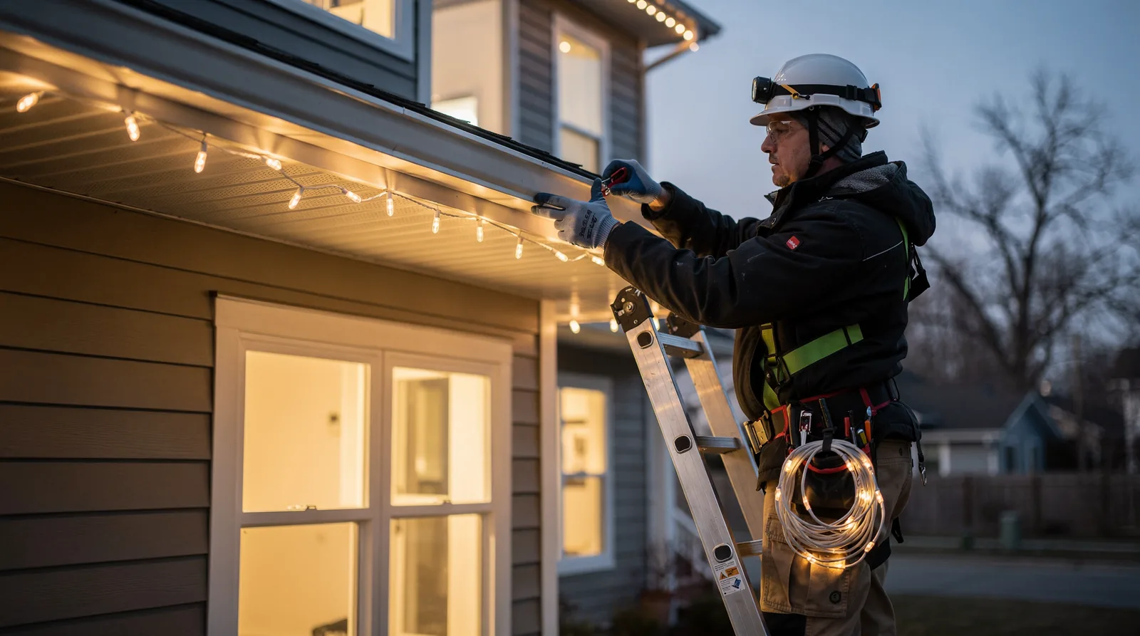 Installer securing LED light strand to a gutter edge