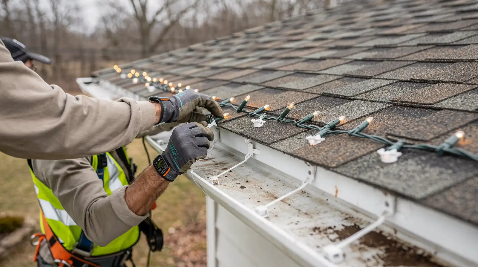 Close-up of non-penetrating clips attaching lights to shingle edges